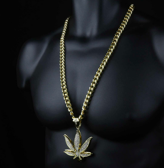 420 Pendant Chain Weed Leaf Necklace Diamond Hip Hop Cuban Link 30in.