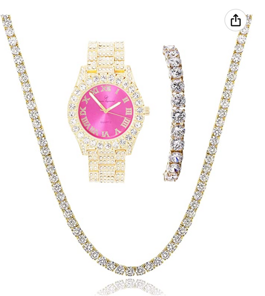 Ladies Silver Tennis Chain Bracelet Diamond Necklace Bracelet Watch Bust Down Set Bundle