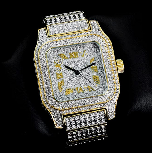 2-Tone Silver Gold Diamonds Bust Down Large Watch 45mm