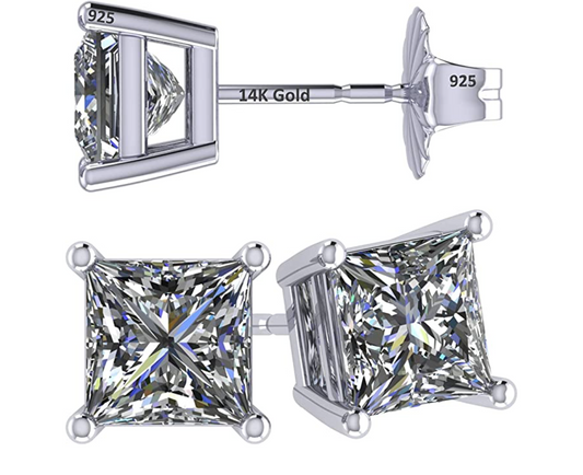 925 Sterling Silver Stud Earring Square Diamond Princess Cut