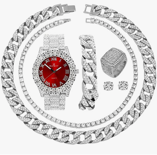 Diamond Earring Red Face Watch Set Silver Necklace Cuban Link Bracelet Tennis Chain Ring Gift Bundle