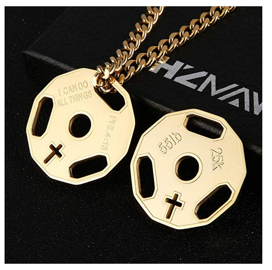 Philippians 4:13 Weight Plate Pendant Cross Barbell Necklace Gold Chain Stainless Steel 24in.