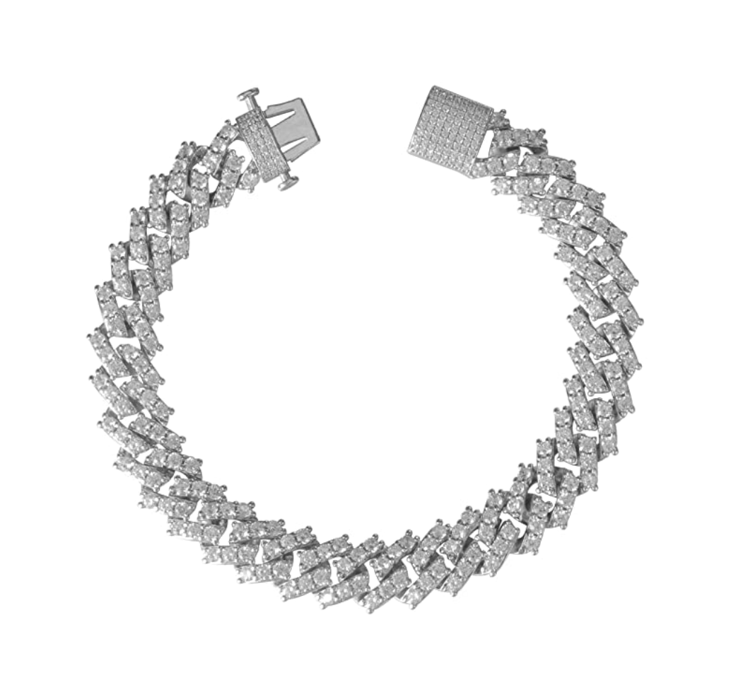 12mm Prong Bracelet Cuban Link Diamond Gold Silver 8.5in.