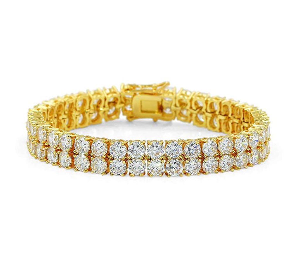 2 Row Tennis Bracelet Gold Silver Round Solitaire Diamond