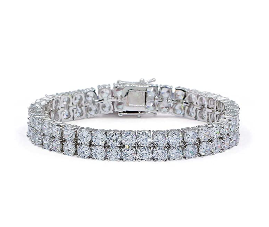 2 Row Tennis Bracelet Gold Silver Round Solitaire Diamond