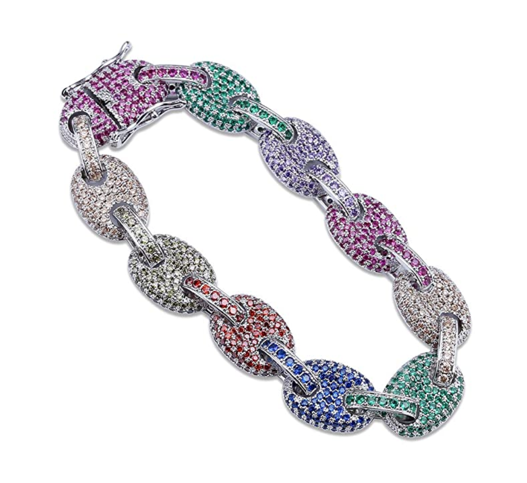 Hip Hop Diamond Rainbow Mariner Link Bracelet Puff Anchor Link