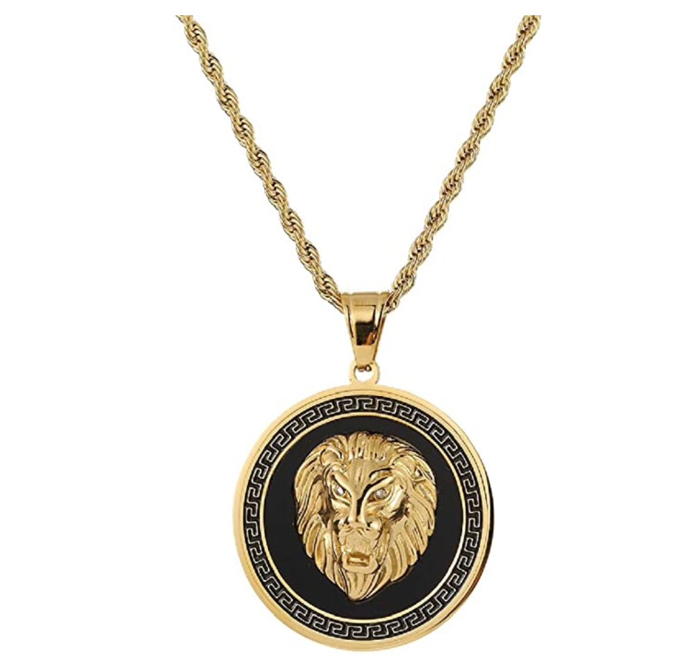 Black Lion Medallion Necklace Leo Lion Animal Chain 24in.