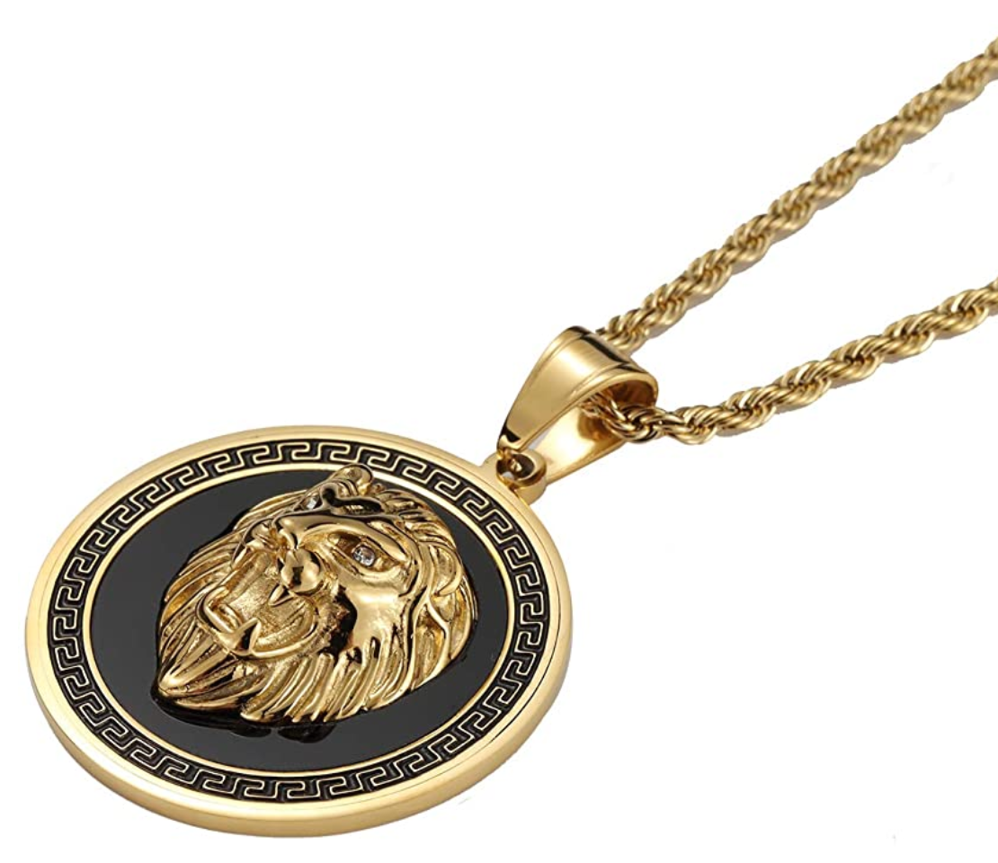 Black Lion Medallion Necklace Leo Lion Animal Chain 24in.