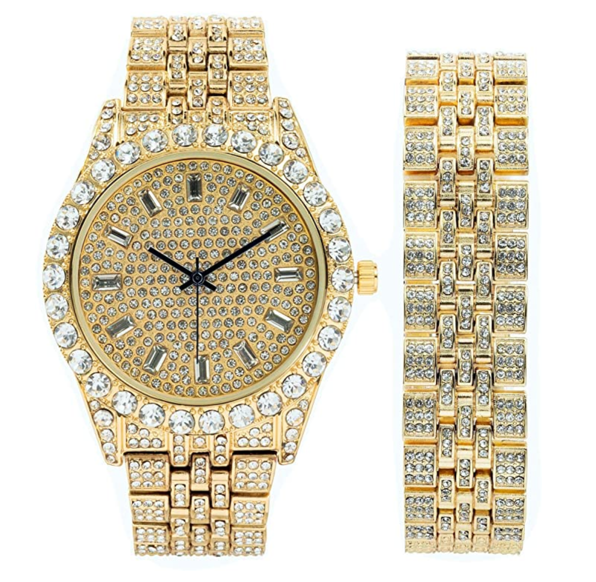 Gold Silver Watch Cuban Bracelet Diamond Blue Dial Watch Set Bust Down Gold Bundle