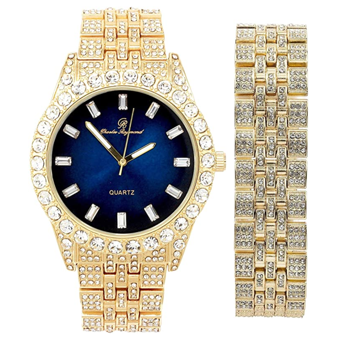 Gold Silver Watch Cuban Bracelet Diamond Blue Dial Watch Set Bust Down Gold Bundle