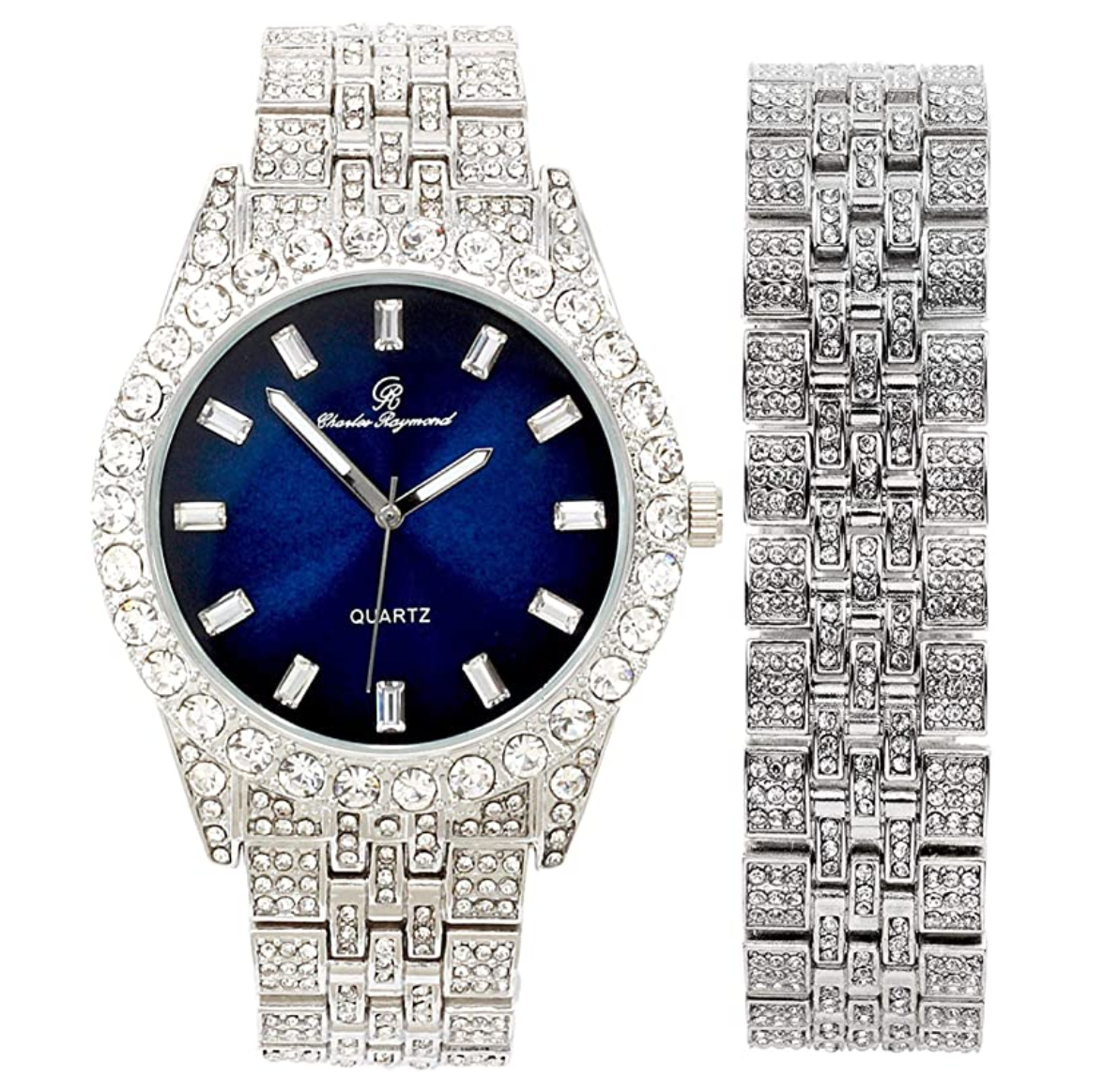 Gold Silver Watch Cuban Bracelet Diamond Blue Dial Watch Set Bust Down Gold Bundle