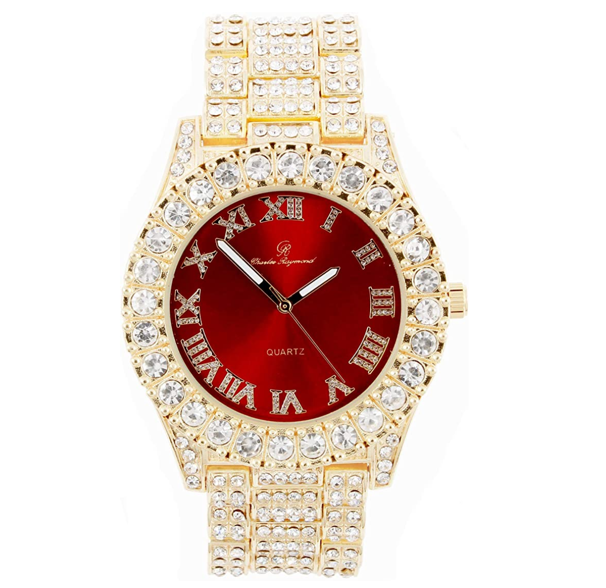 Gold Color Watch Diamond Red Face Watch Hip Hop Bust Down Jewelry