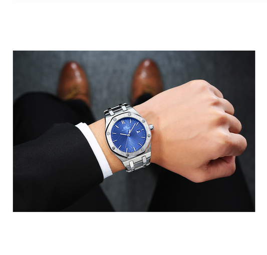 45mm Silver Blue Dial Watch Octagonal Watch Gold Stainless Steel