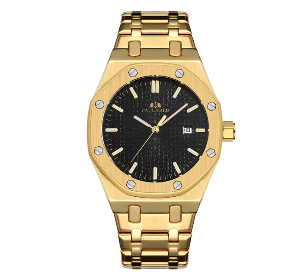 45mm Men's Gold Black Dial Watch Octagonal Stainless Steel