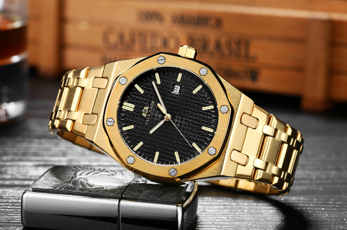 45mm Men's Gold Black Dial Watch Octagonal Stainless Steel