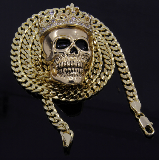 King Skull Head Pendant Necklace Diamond Chain 24in.