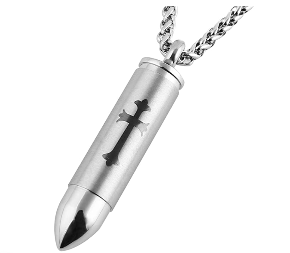 Bullet Pendant Cremation Jewelry Necklace Keepsake Memorial Ash Urn Stainless Steel Celtic Cross Chain 24in.