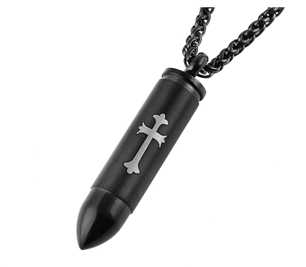 Bullet Pendant Cremation Jewelry Necklace Keepsake Memorial Ash Urn Stainless Steel Celtic Cross Chain 24in.