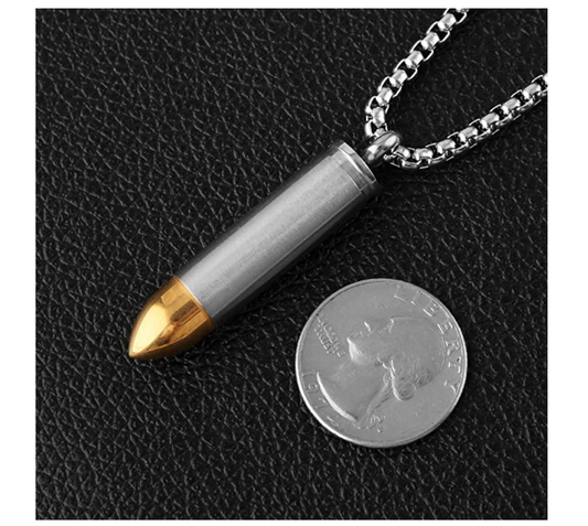 Bullet Pendant Cremation Jewelry Necklace Keepsake Memorial Ash Urn Stainless Steel Celtic Cross Chain 24in.