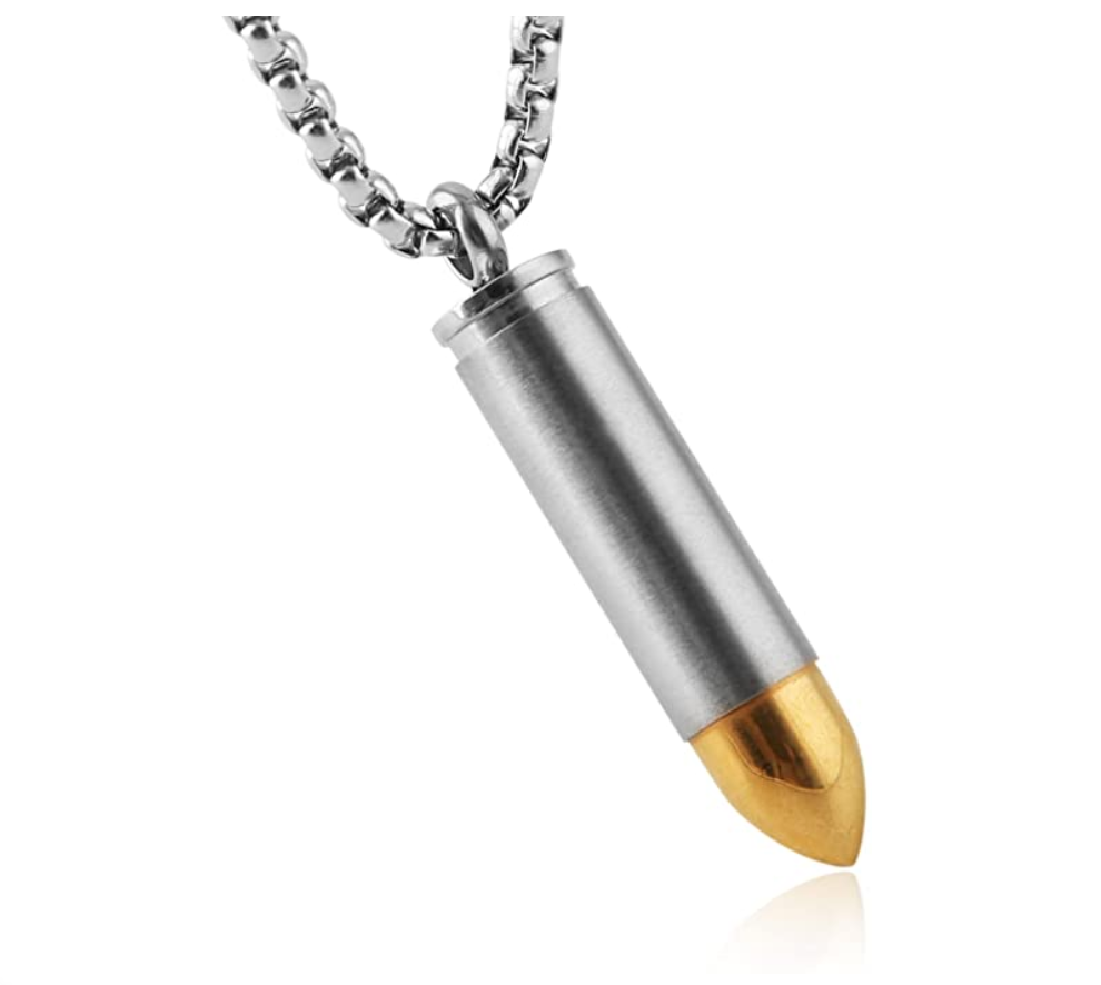 Bullet Pendant Cremation Jewelry Necklace Keepsake Memorial Ash Urn Stainless Steel Celtic Cross Chain 24in.