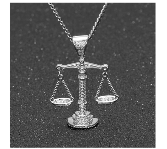 Diamond Gold Liberty Libra Scale Necklace Silver Scales of Justice Pendant 4in.