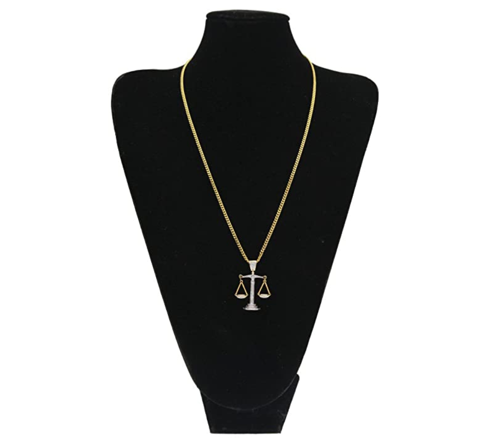 Diamond Gold Liberty Libra Scale Necklace Silver Scales of Justice Pendant 4in.