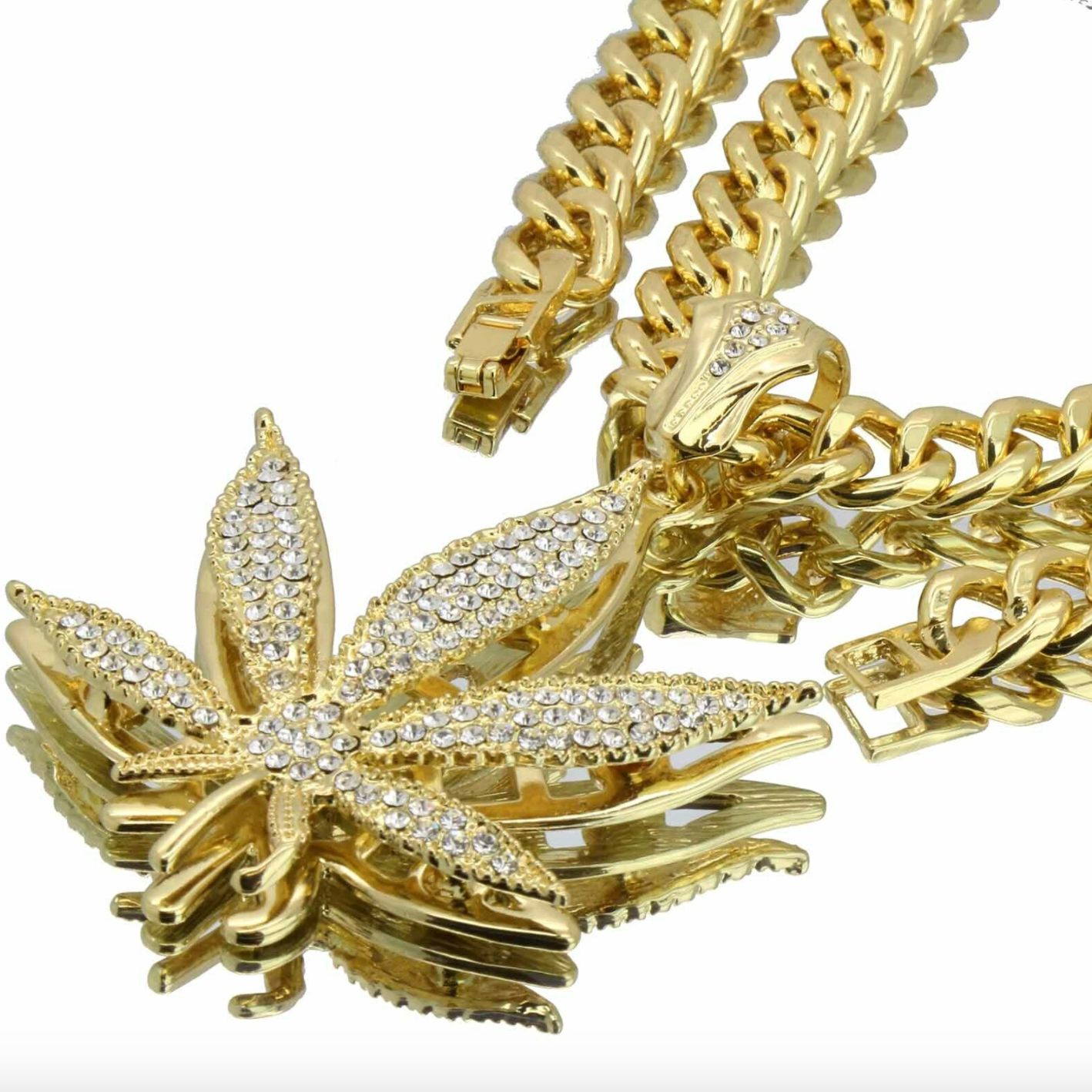 420 Pendant Chain Weed Leaf Necklace Diamond Hip Hop Cuban Link 30in.