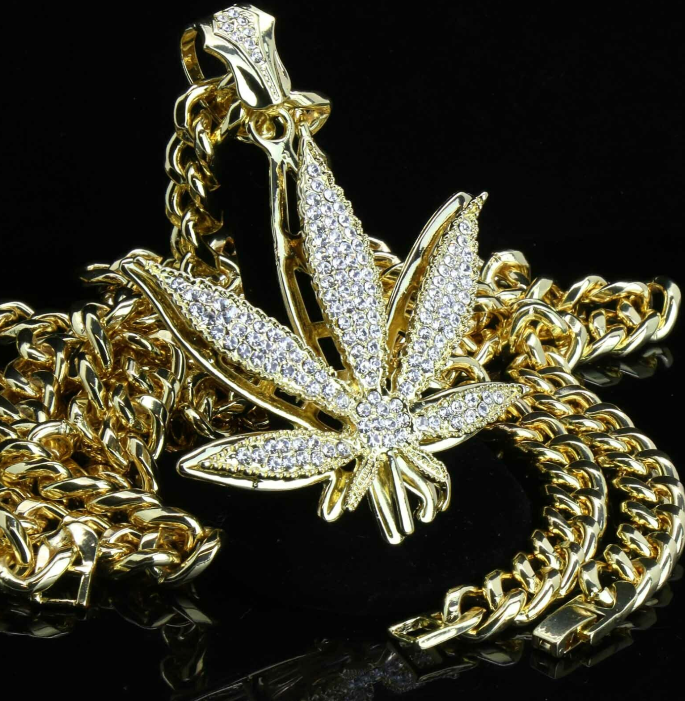 420 Pendant Chain Weed Leaf Necklace Diamond Hip Hop Cuban Link 30in.