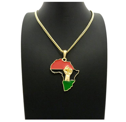 Black Power Fist Pendant Africa Map Necklace BLM Chain 24in.