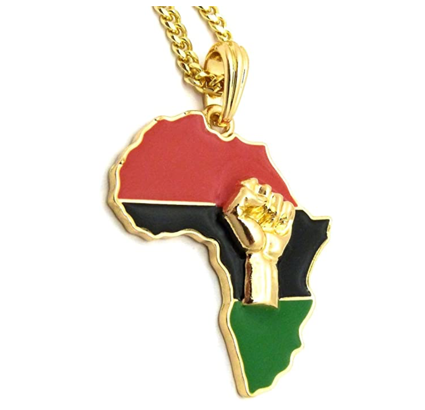 Black Power Fist Pendant Africa Map Necklace BLM Chain 24in.