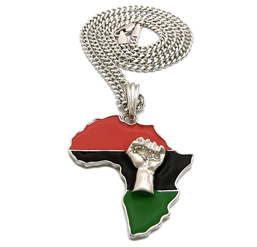 Black Power Fist Pendant Africa Map Necklace BLM Chain 24in.