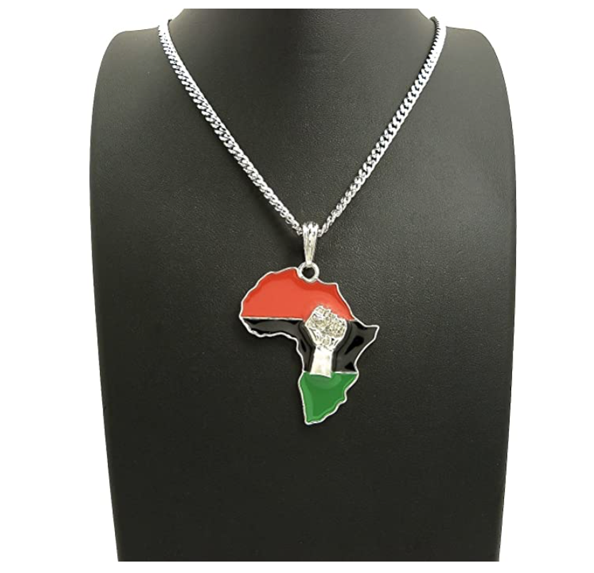 Black Power Fist Pendant Africa Map Necklace BLM Chain 24in.