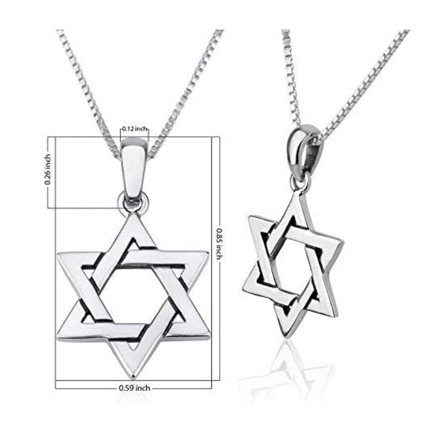 Star of David Necklace Silver Jewish Star Chain Hebrew Six-Pointed Star Pendant 18in.