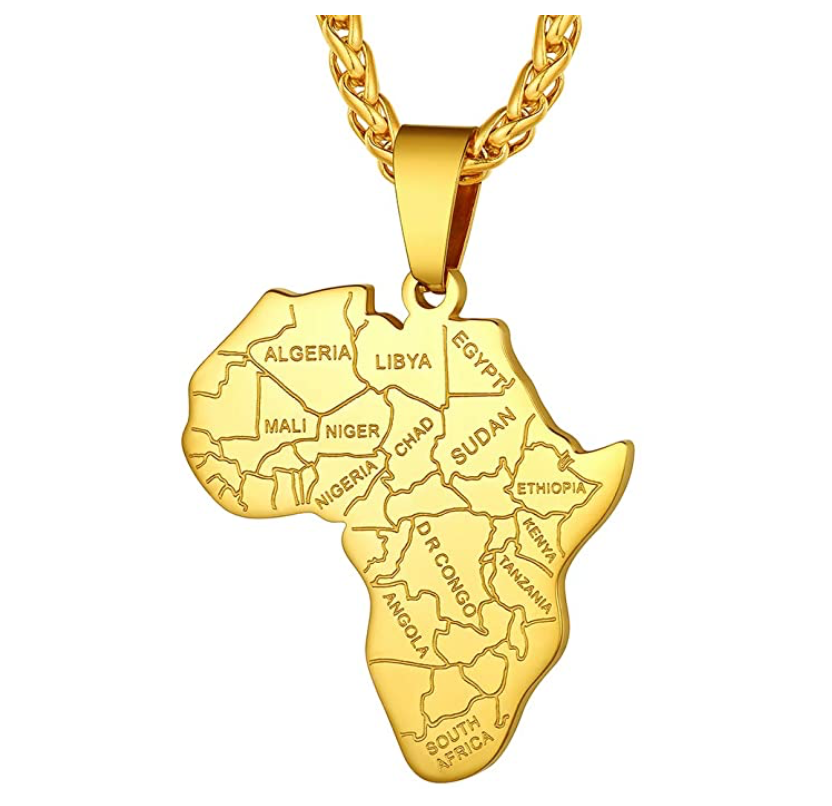 Africa Countries Pendant Stainless Steel Silver African Jewelry Africa Map Necklace 24in.