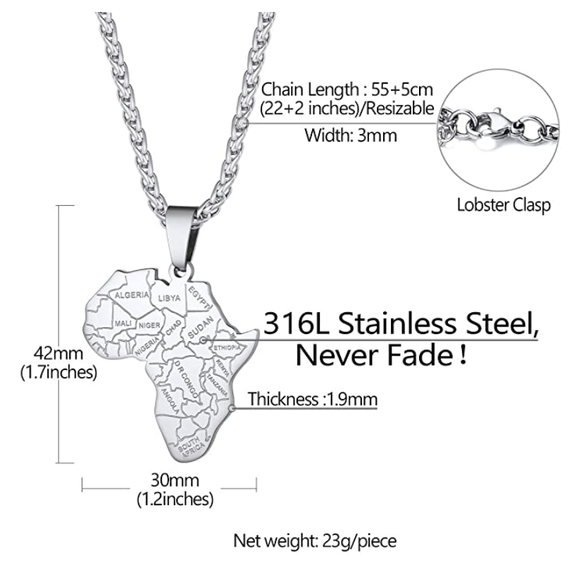 Africa Countries Pendant Stainless Steel Silver African Jewelry Africa Map Necklace 24in.