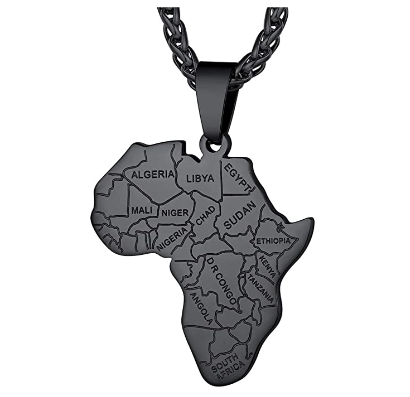 Africa Countries Pendant Stainless Steel Silver African Jewelry Africa Map Necklace 24in.