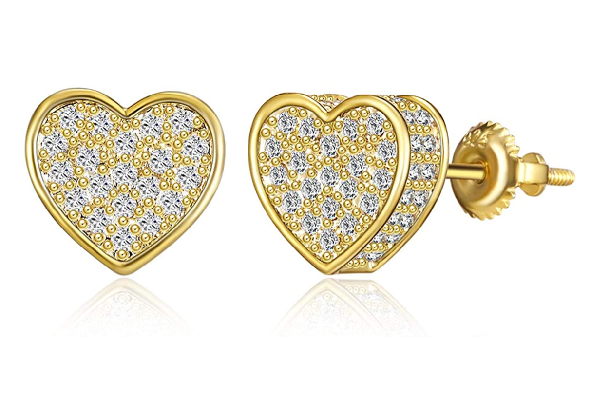 7mm Love Earrings Heart Gold Diamond Silver Screw Back Heart  Love Earring