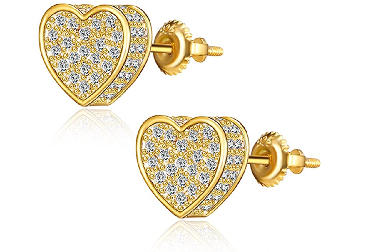 7mm Love Earrings Heart Gold Diamond Silver Screw Back Heart  Love Earring