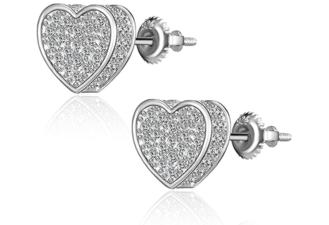 7mm Love Earrings Heart Gold Diamond Silver Screw Back Heart  Love Earring