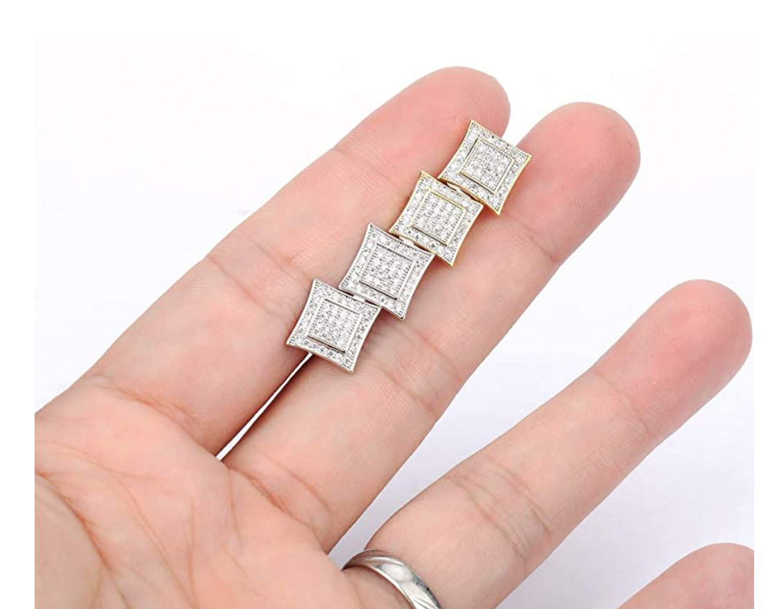 7mm Silver  Hip Hop Square Earrings Diamond  Screw Back Earrings