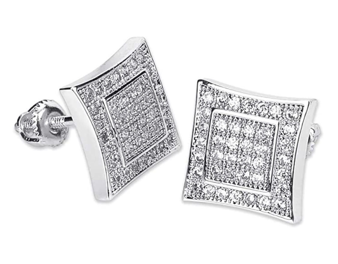 7mm Silver  Hip Hop Square Earrings Diamond  Screw Back Earrings