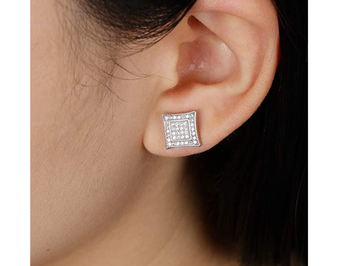 7mm Silver  Hip Hop Square Earrings Diamond  Screw Back Earrings