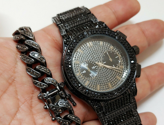 Black Diamond Watch Set Cuban Link Bracelet Hip Hop Jewelry Bling Bundle