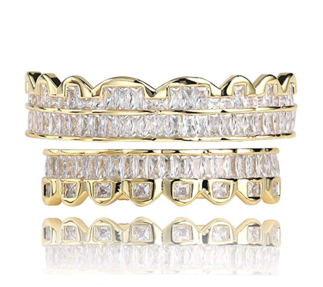 Silver Baguette Diamond Grillz Set