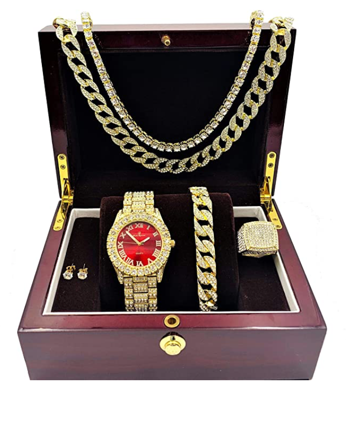 Diamond Red Watch Set Gold Earring Necklace Cuban Link Blue Bracelet Tennis Chain Ring Gift Bundle