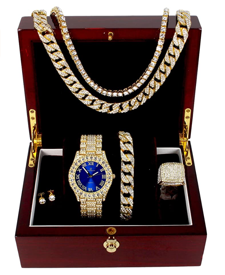 Diamond Red Watch Set Gold Earring Necklace Cuban Link Blue Bracelet Tennis Chain Ring Gift Bundle