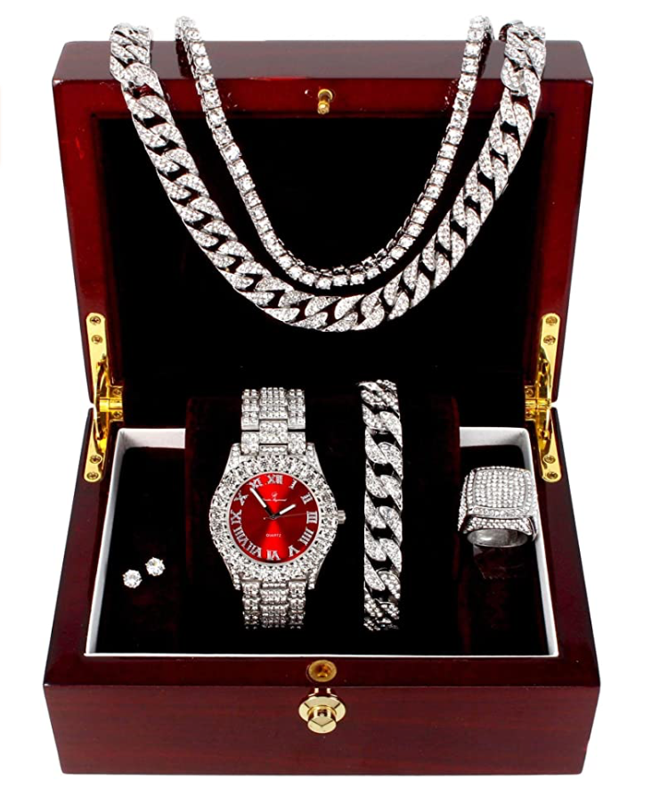 Diamond Red Watch Set Gold Earring Necklace Cuban Link Blue Bracelet Tennis Chain Ring Gift Bundle