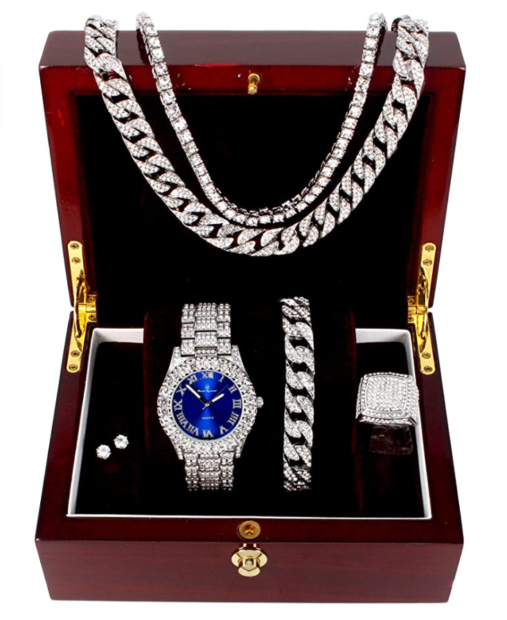 Diamond Red Watch Set Gold Earring Necklace Cuban Link Blue Bracelet Tennis Chain Ring Gift Bundle