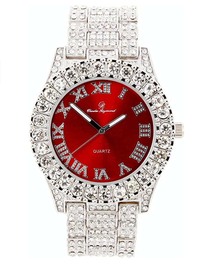 Diamond Earring Red Face Watch Set Silver Necklace Cuban Link Bracelet Tennis Chain Ring Gift Bundle