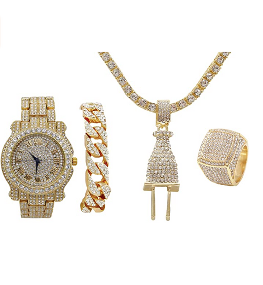 Watch Ring Set Diamond Plug Necklace Cuban Link Bracelet Tennis Chain Bundle